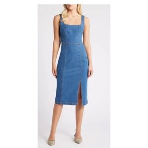 7th & Hudson Denim Dress‎ Sleeveless Square Neck Midi Slit Blue Womens